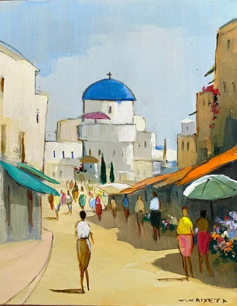 Explorando as belezas de Santorini - Óleo sobre tela, 50x40 cm, 2023 - Obra em destaque por Cláudio Caixeta