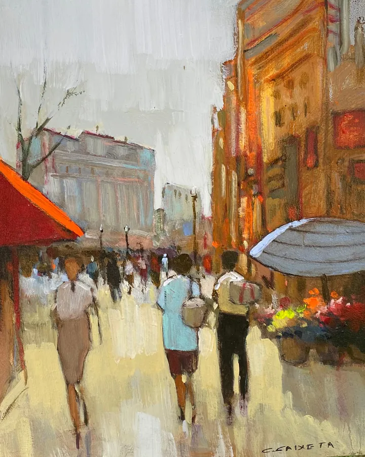 Passeio pela Praça Monastiraki - Óleo sobre tela, 45x40 cm, 2023 - Coleção O Legado - Pai e Filho por Cláudio Caixeta