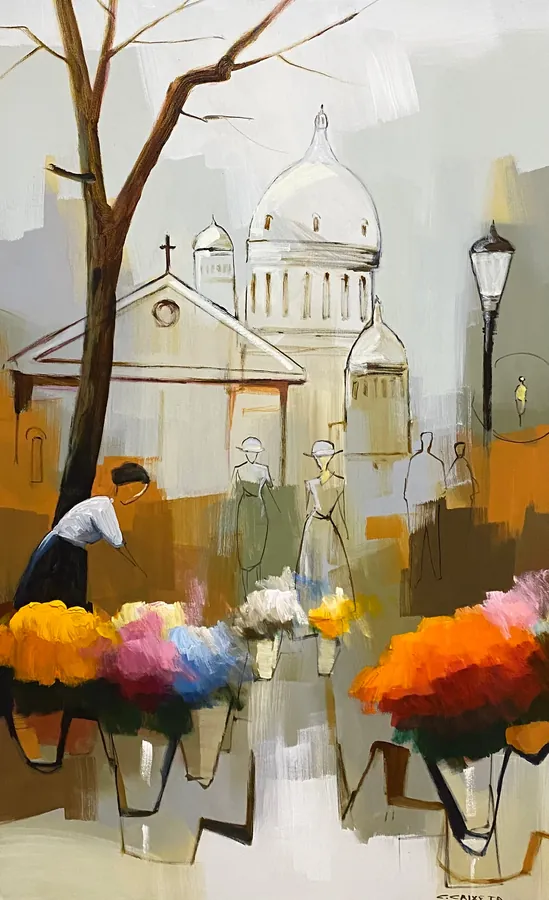Charmoso Dia no Bairro de Montmartre - Óleo sobre tela, 160x100 cm, 2023 - Coleção Paris por Cláudio Caixeta