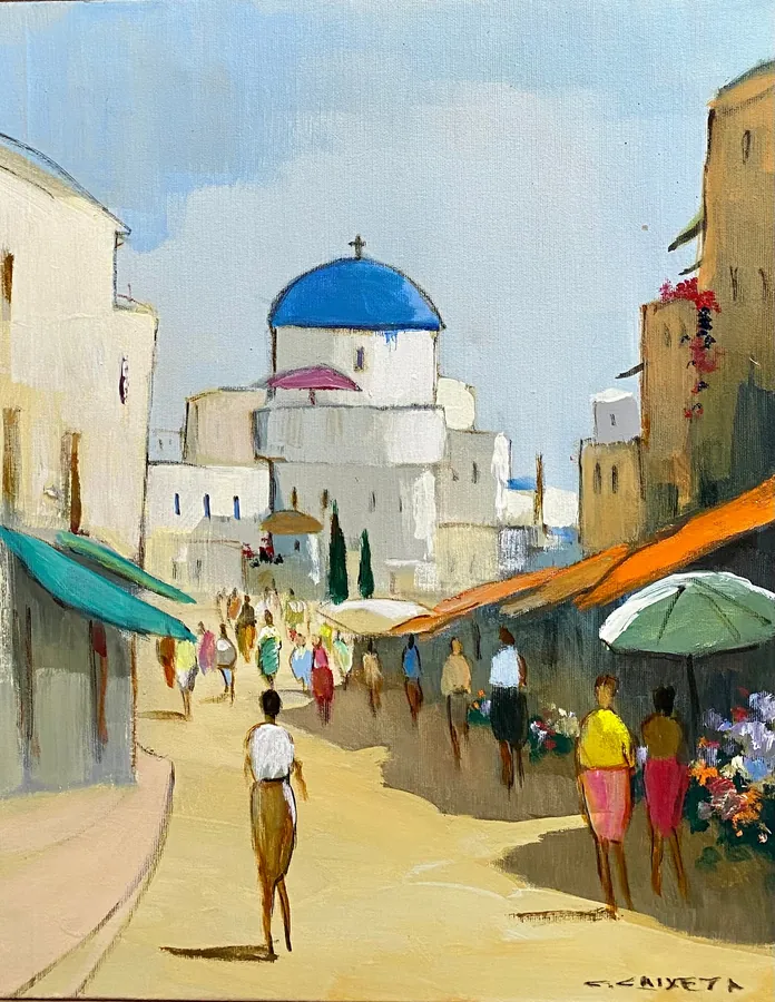 Explorando as belezas de Santorini - Óleo sobre tela, 50x40 cm, 2023 - Coleção O Legado - Pai e Filho por Cláudio Caixeta