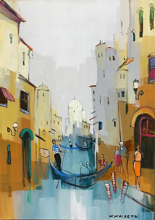 Encontro à Beira do Canal - Óleo sobre tela, 70x50 cm, 2023 - Coleção O Legado - Pai e Filho por Cláudio Caixeta