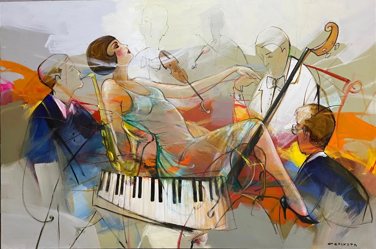 Noite de Jazz nos Anos 20 - Óleo sobre tela, 120x180 cm, 2023 - Coleção Músicos por Cláudio Caixeta