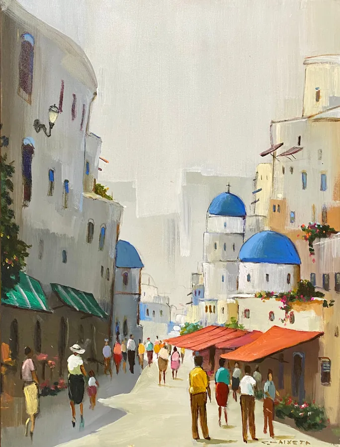 Ruelas Encantadoras de Santorini - Óleo sobre tela, 80x60 cm, 2023 - Coleção O Legado - Pai e Filho por Cláudio Caixeta