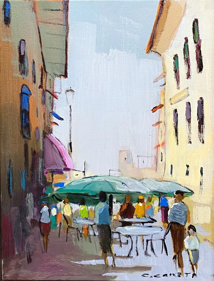 Rota dos Sabores em Siena - Óleo sobre tela, 40x30 cm, 2023 - Coleção O Legado - Pai e Filho por Cláudio Caixeta