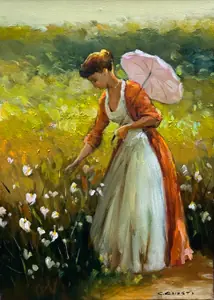 Camponesa no mar de flores - Óleo sobre tela, 70x50 cm, 2023 - R$ 3.700,00