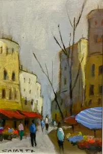 Toldos Escarlates sobre mercado de flores - Óleo sobre tela, 30x20 cm, 2023 - R$ 2.300,00