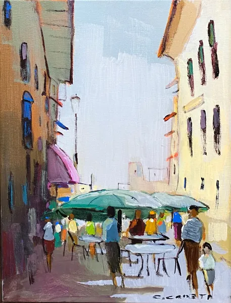 Rota dos Sabores em Siena - Óleo sobre tela, 40x30 cm, 2023 - Obra em destaque por Cláudio Caixeta